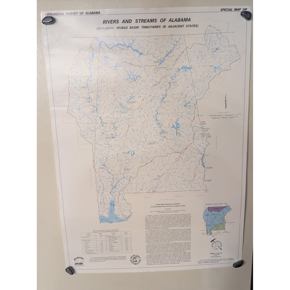 Vtg Geological Survey of Alabama Special Map 241 Rivers & Streams of AL 30×22" - Picture 1 of 4